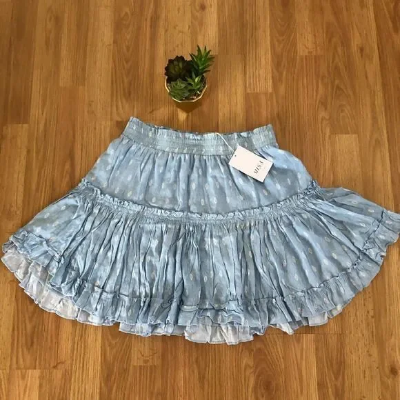 NWT MISA Los Angeles Marion Chambray Blue Tiered Ruffle Mini Skirt - Picture 2 of 10